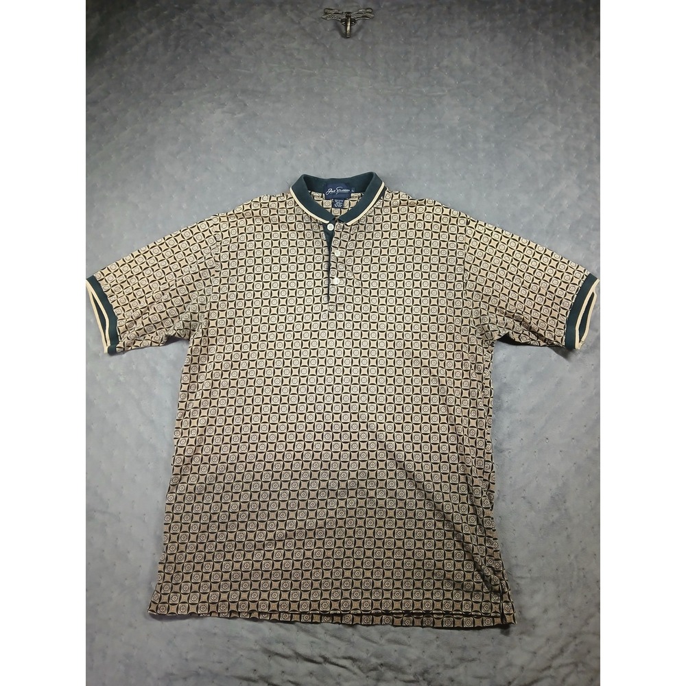 Paul Fredrick Mens Large Polo Shirt Geometric Medallion Print Cotton Tan Green